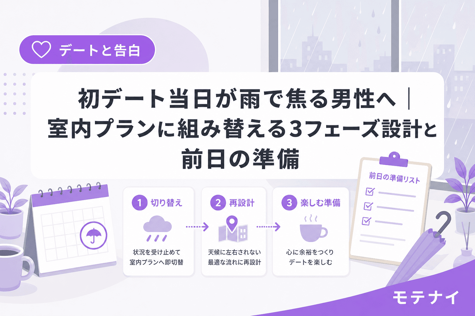 初デート当日が雨で焦る男性へ|室内プランに組み替える3フェーズ設計と前日の準備