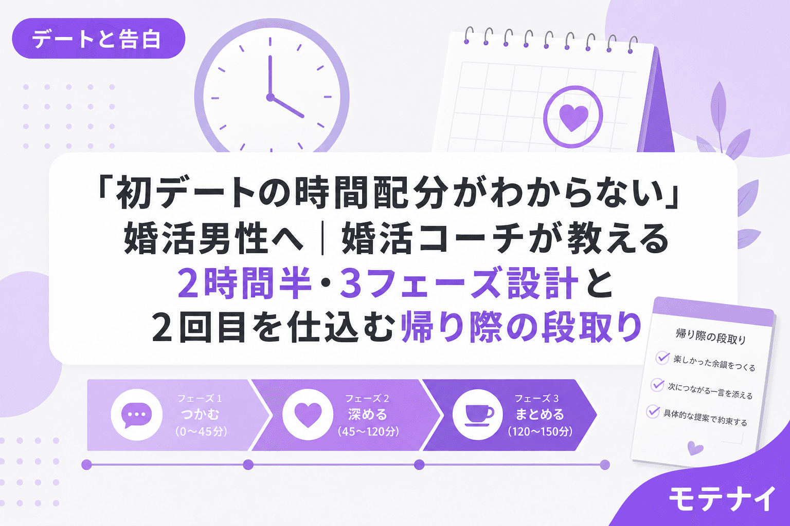 「初デートの時間配分がわからない」婚活男性へ|婚活コーチが教える2時間半・3フェーズ設計と2回目を仕込む帰り際の段取り